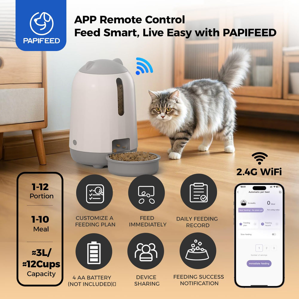 PAPIFEED slow feeder mode delivers meals gradually to reduce choking risk.