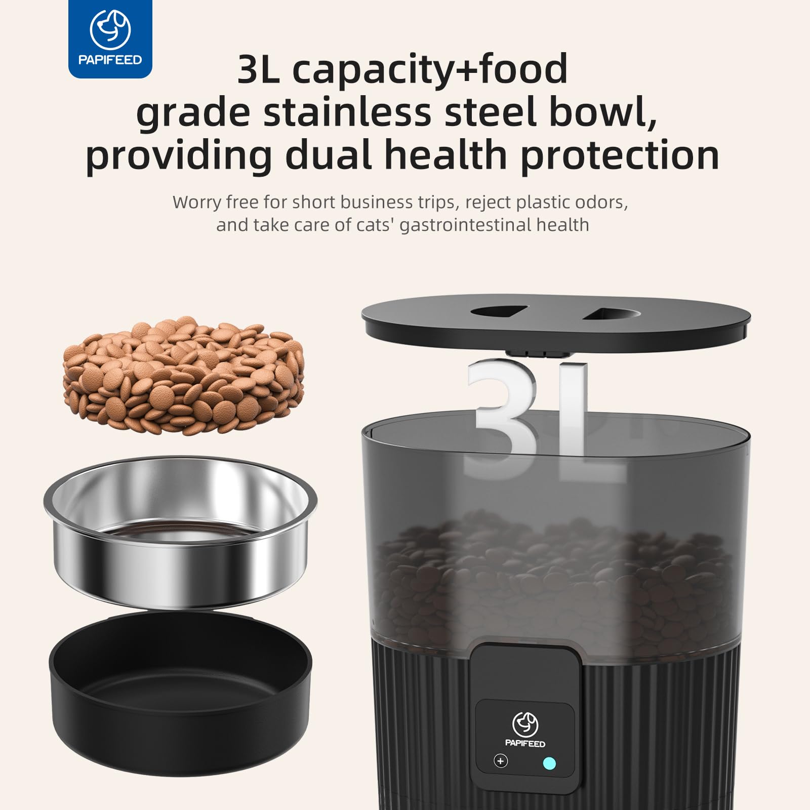 PAPIFEED stainless steel bowl close-up highlights easy cleaning.