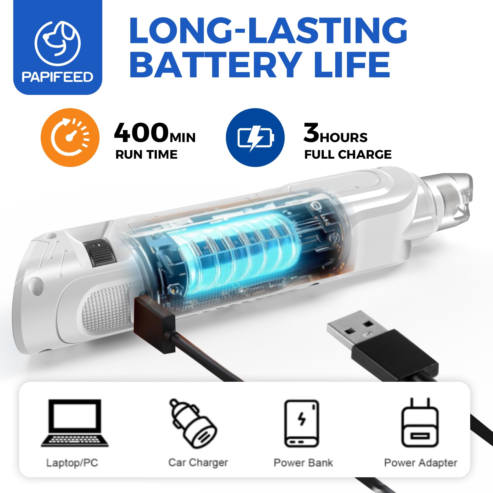 PAPIFEED Type-C charging port emphasizes modern, convenient recharge
