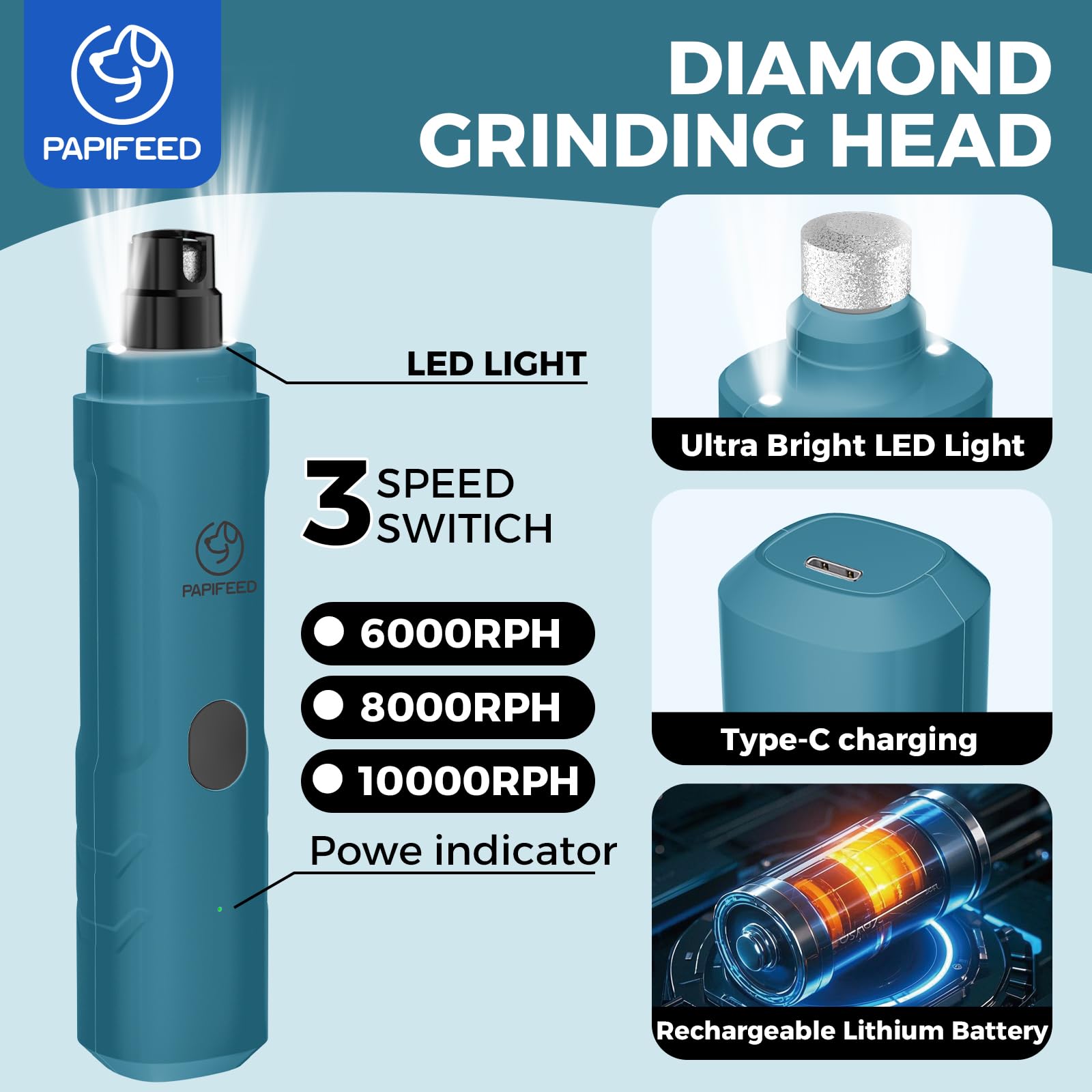 PAPIFFEED Nail Grinder Type-C charging, convenient charging anywhere