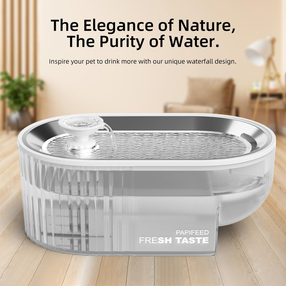 PAPIFEED water fountain stainless-tray closeup highlights durable stainless steel and easy cleaning