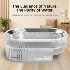 PAPIFEED water fountain stainless-tray closeup highlights durable stainless steel and easy cleaning