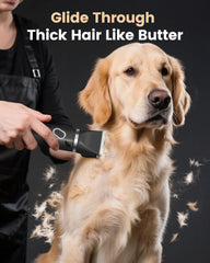 PAPMINI clipper gliding through thick coat for smooth trimming.