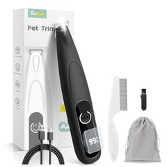 PAPMINI dog clippers with LED display show battery level during grooming.