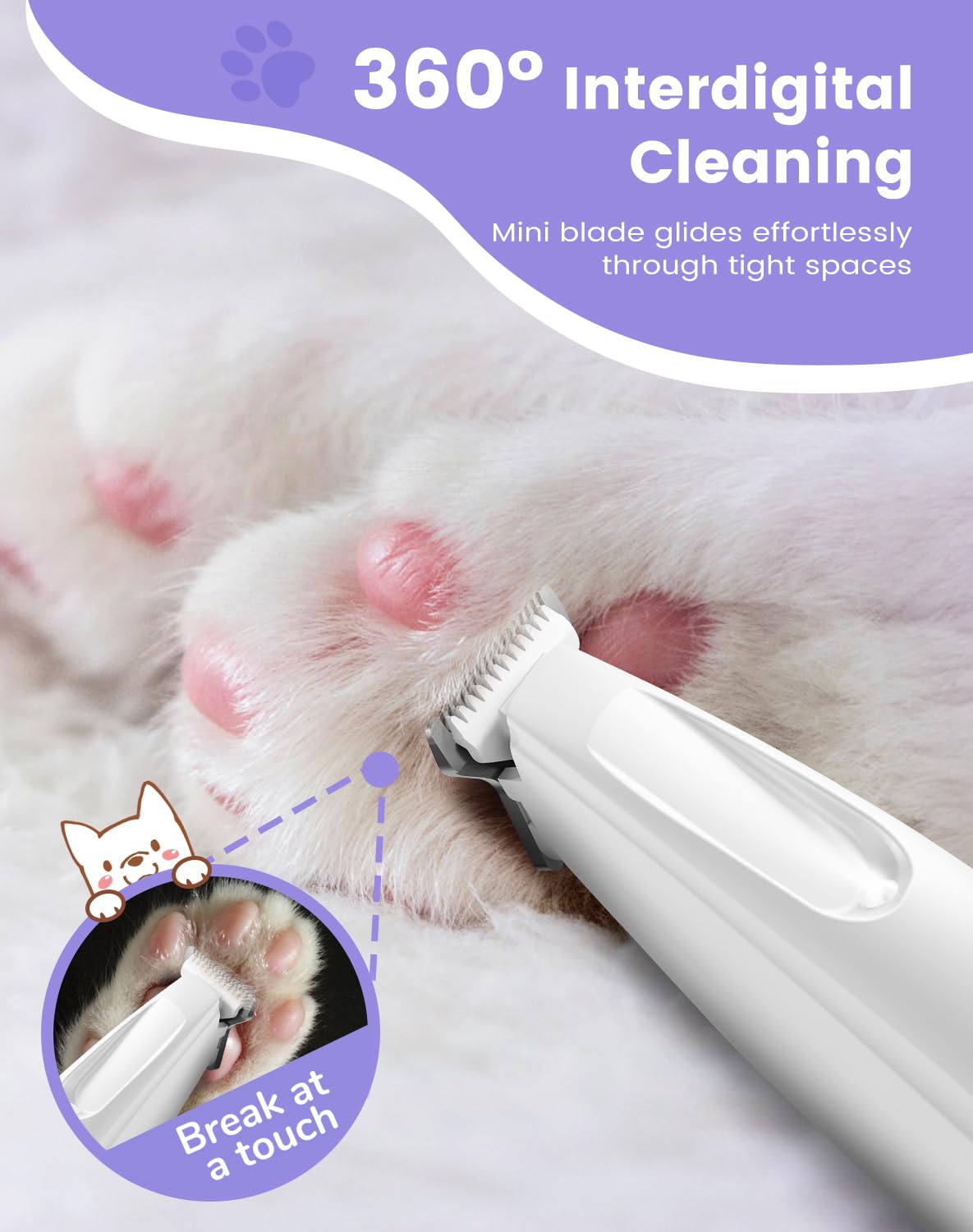 PAPMINI trimmer in use on paw, illustrating precise trimming.