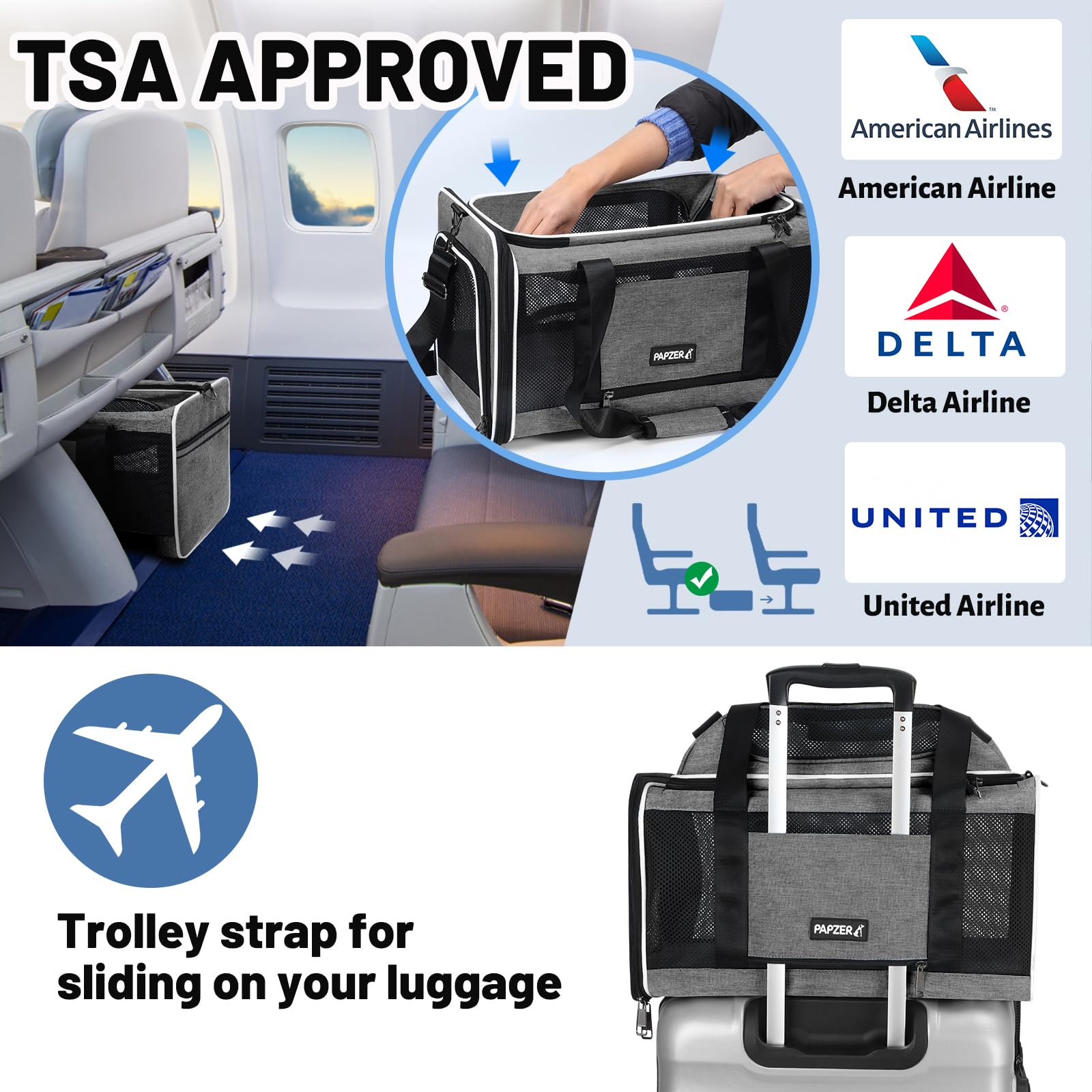 PAPZER cat carrier inner tether and reflective strap boost pet security.