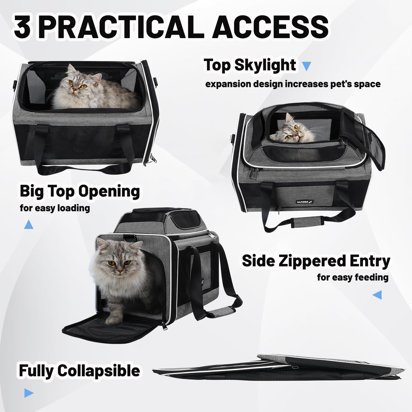 PAPZER cat carrier durable 600D Oxford fabric with breathable mesh panels.
