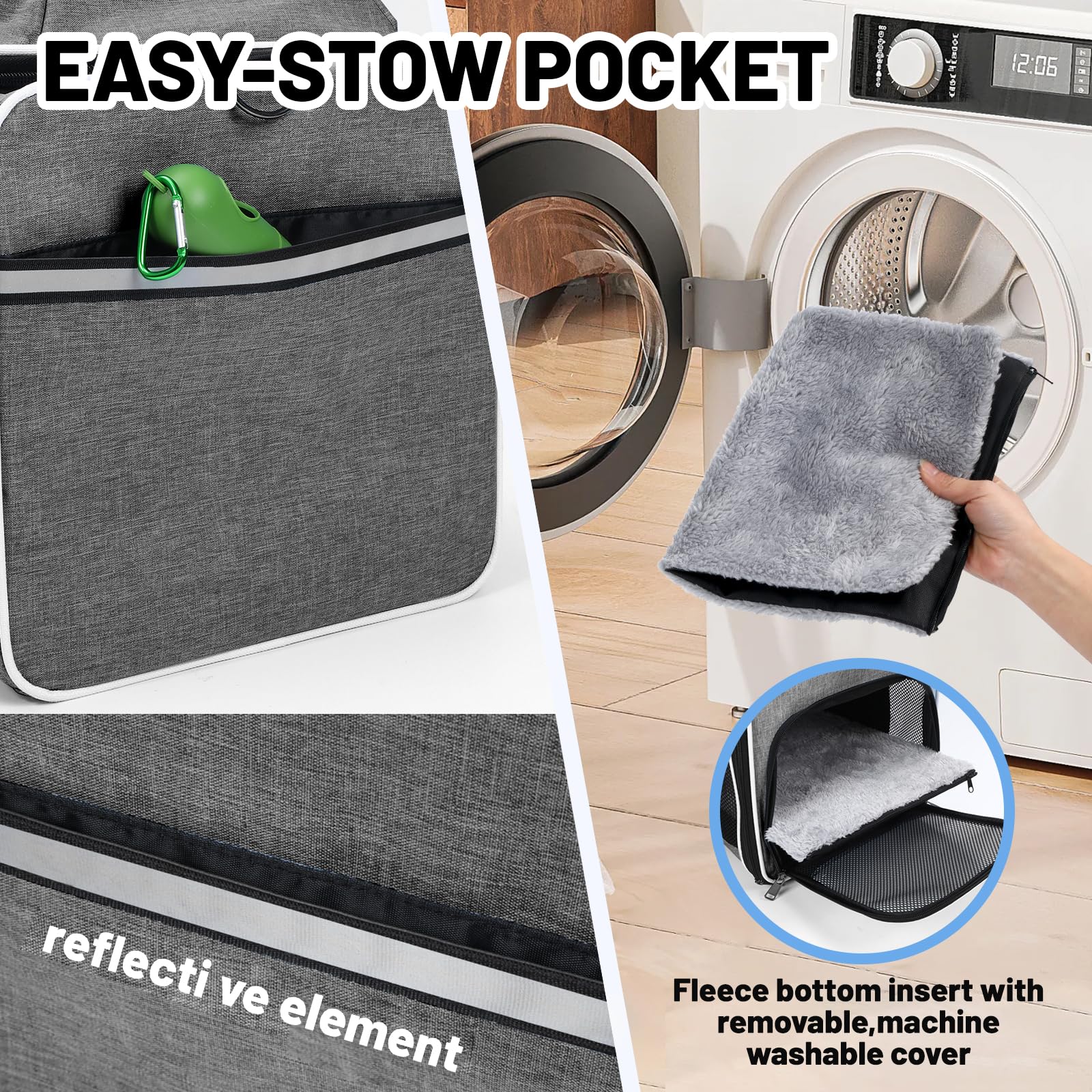 PAPZER cat carrier side pocket and luggage strap for storage.