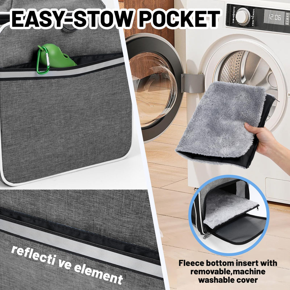 PAPZER cat carrier side pocket and luggage strap for storage.