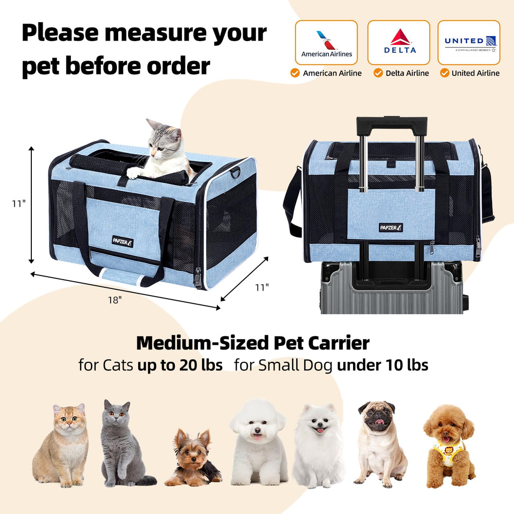 PAPZER Cat Carrier 18x11x11 dimensions ensures comfortable mid-sized cat or small dog fit