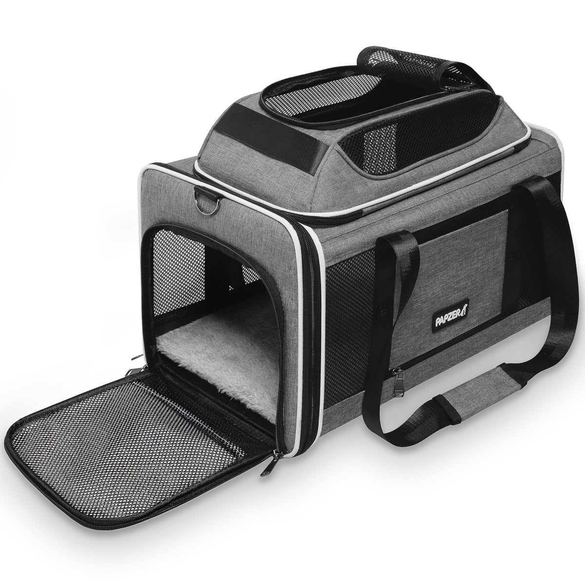 PAPZER cat carrier top-expandable shows extra headroom for comfortable travel.