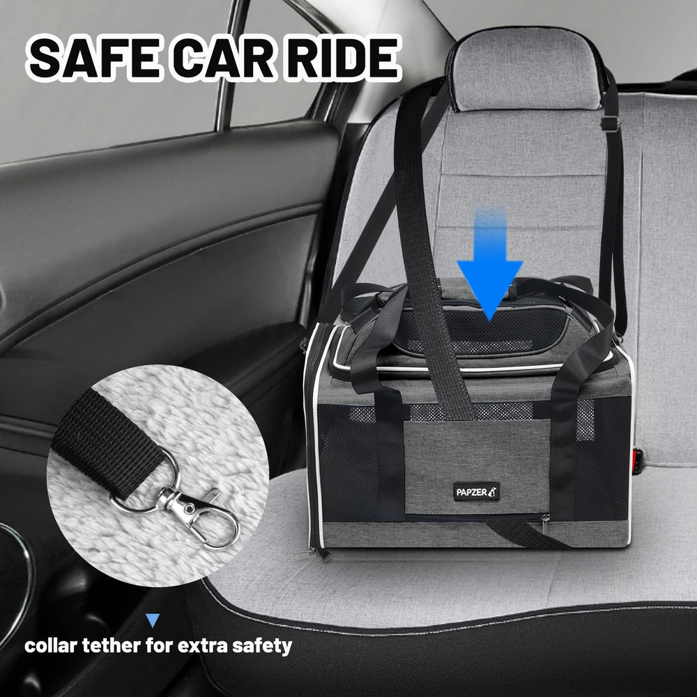 PAPZER cat carrier under-seat size fits compact travel in cabin.