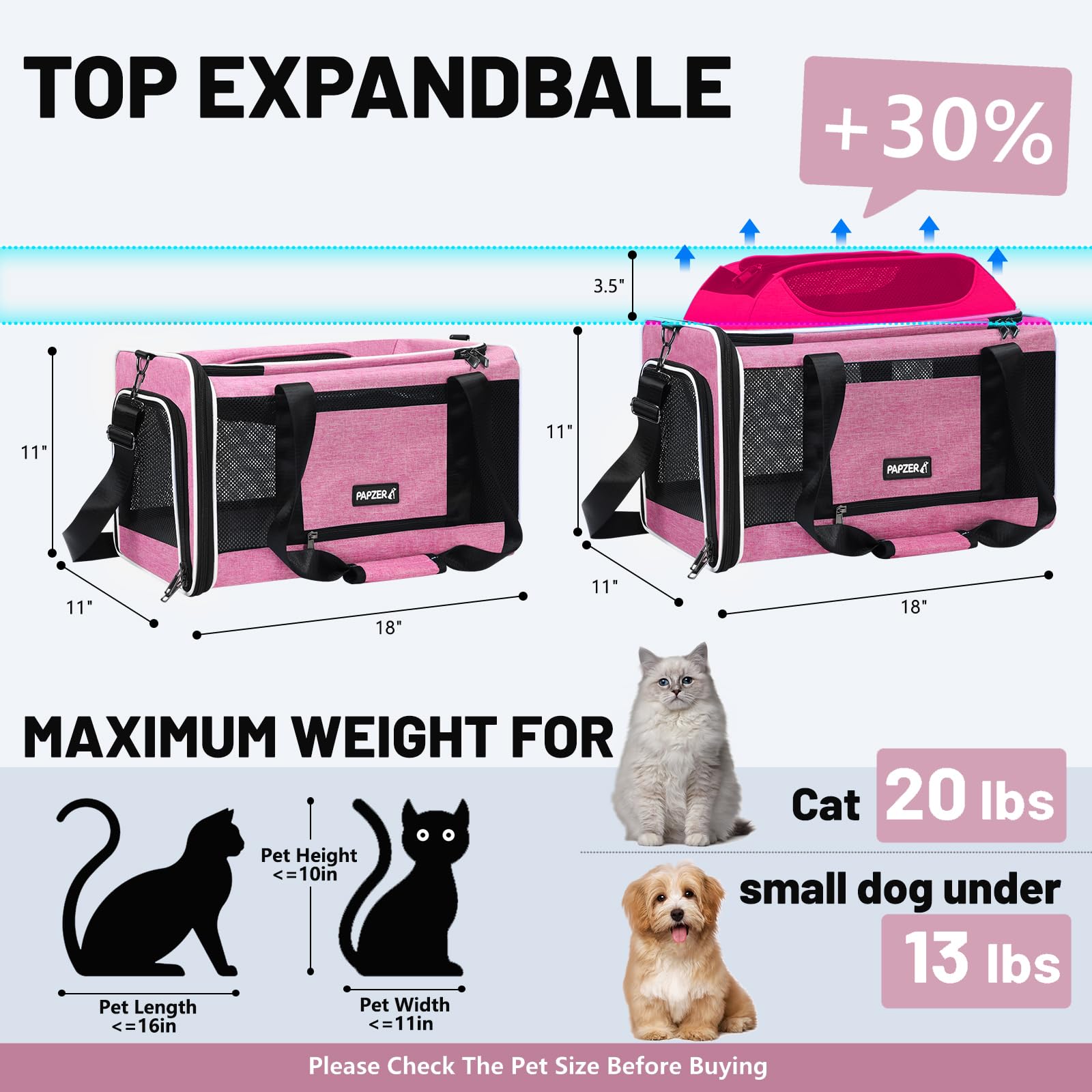 PAPZER Top-Expandable Cat Carrier top extended pink showing extra headroom