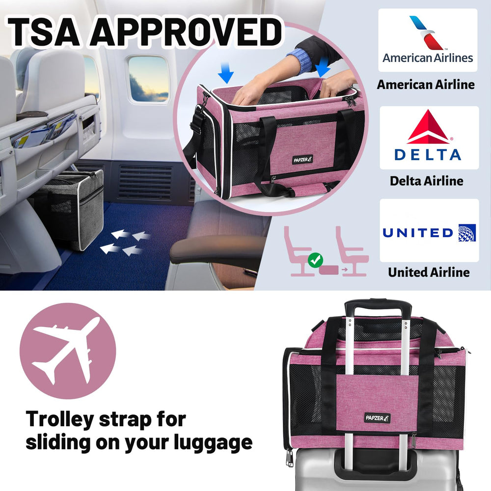 PAPZER Top-Expandable Cat Carrier under-seat pink cabin-ready layout