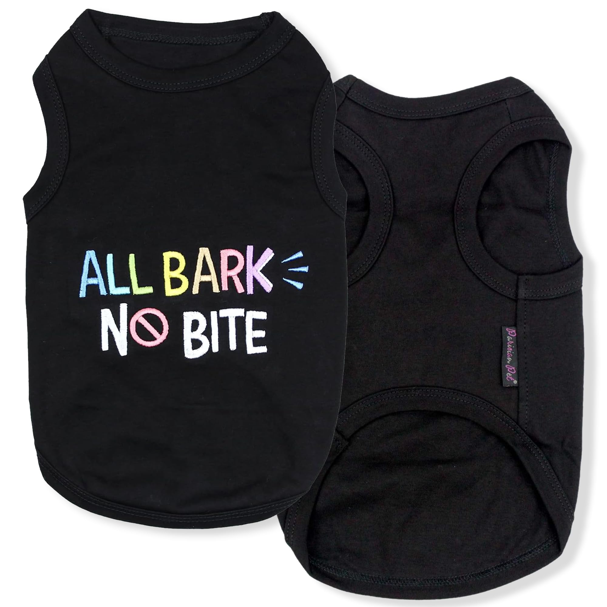 Parisian Pet All Bark No Bite embroidered t-shirt front view, comfortable for daily walks.