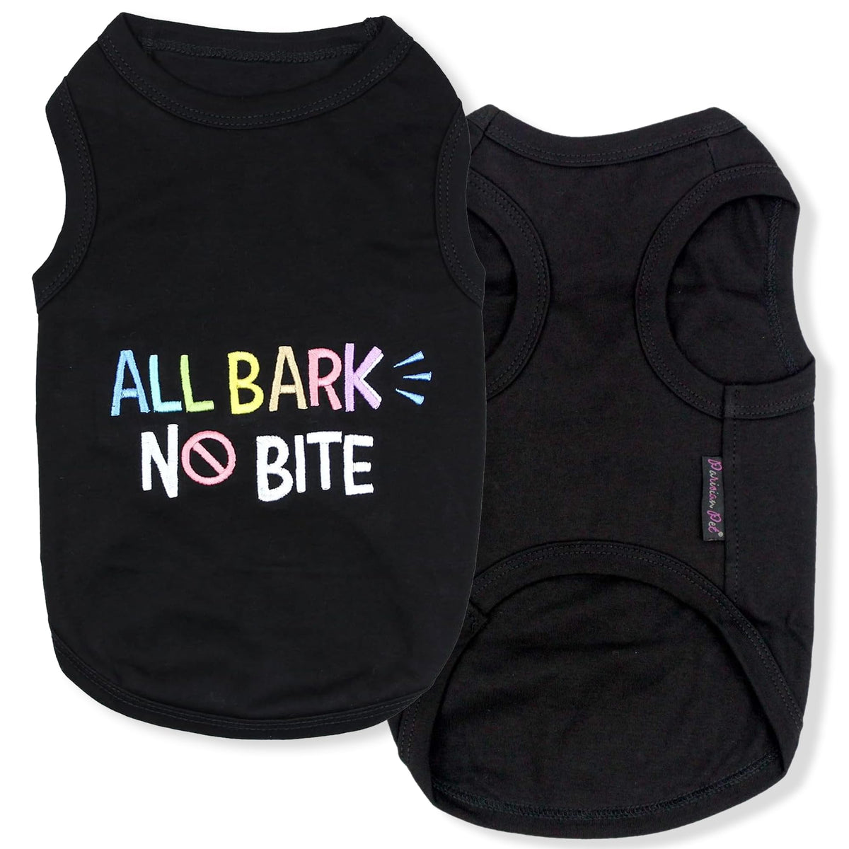 Parisian Pet All Bark No Bite embroidered t-shirt front view, comfortable for daily walks.