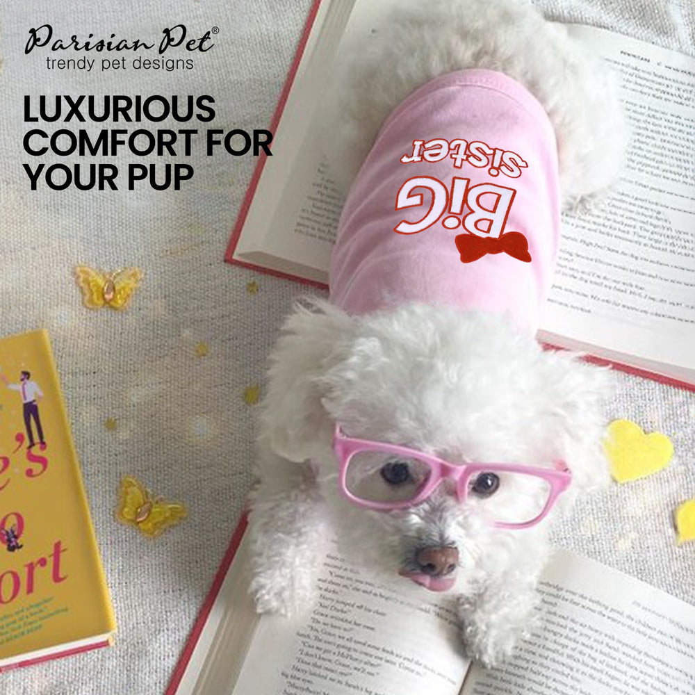 Parisian Pet Big Sister T-Shirt worn by dog for everyday adventures