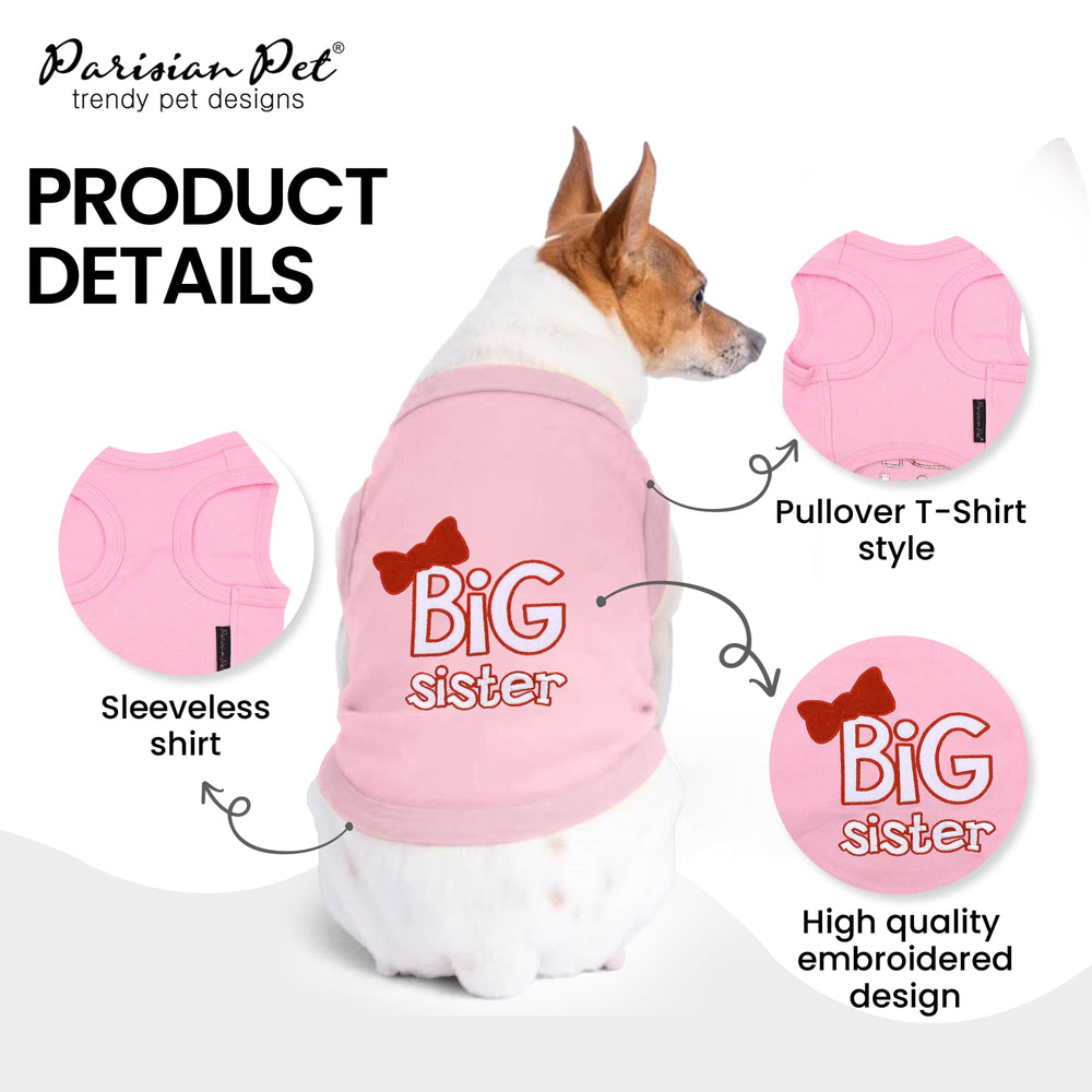 Parisian Pet Big Sister T-Shirt embroidery detail close-up shows quality stitching
