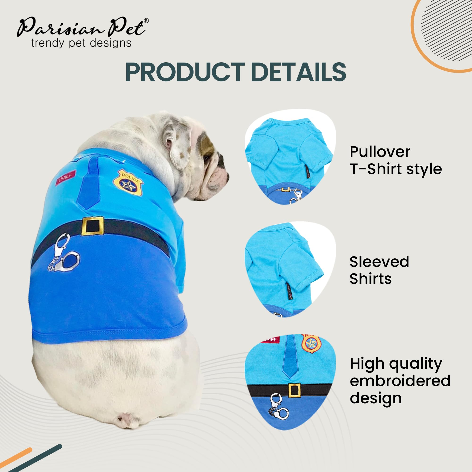 Parisian Pet blue police costume overview shows stylish, size-friendly pup look.
