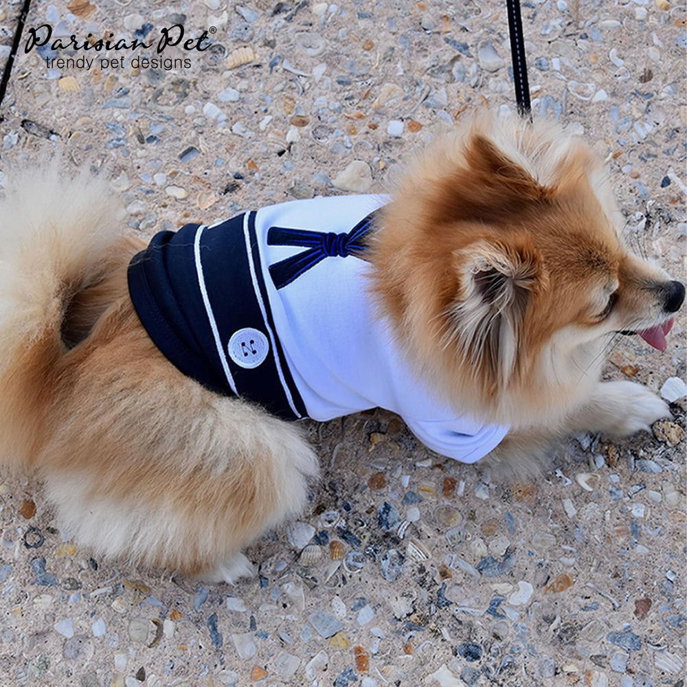 Parisian Pet blue-white colorway suits outdoor adventures with timeless style.