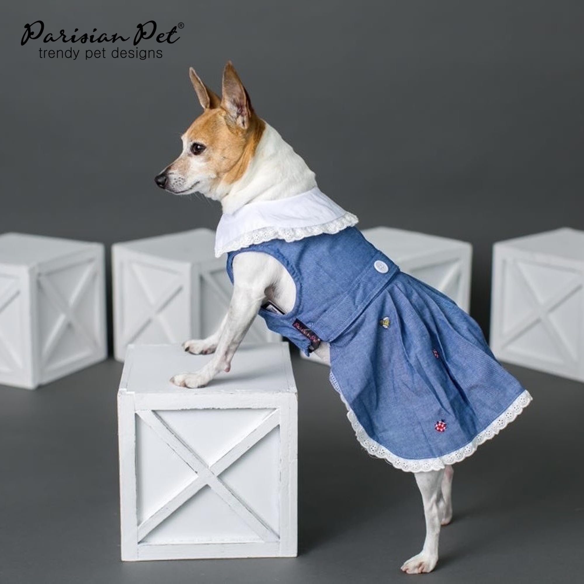 Parisian Pet Chambray Overall Dress is fully washable for easy care