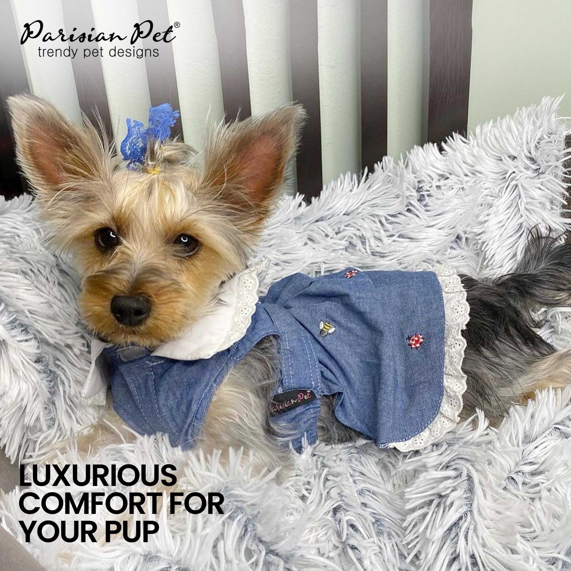 Parisian Pet Chambray Overall Dress available in XS-3XL for diverse dogs