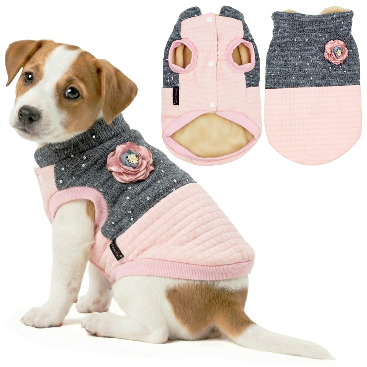 Parisian Pet Christmas dog jacket pink quilted with flower detail offers stylish warmth