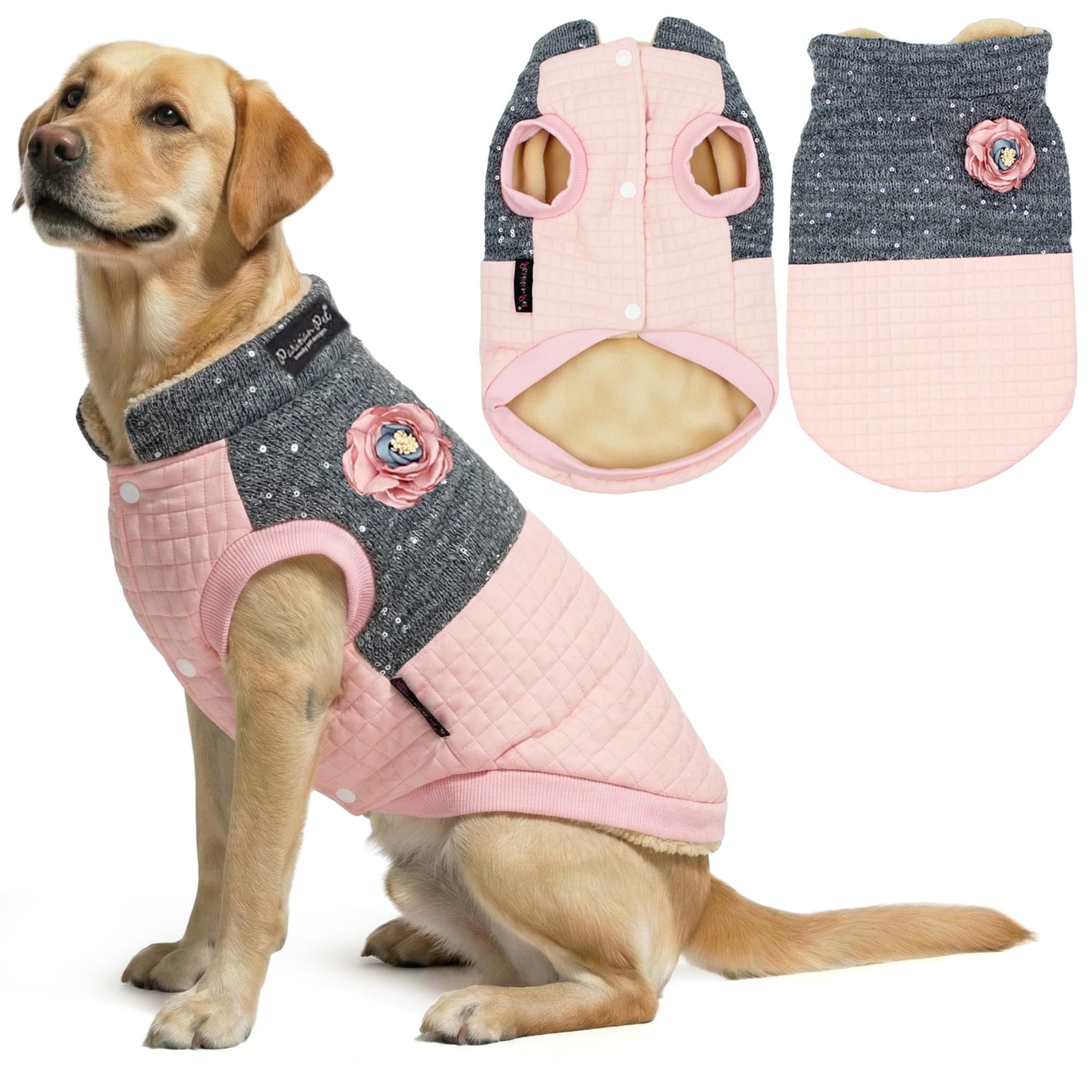 Parisian Pet Christmas dog jacket close-up fleece texture for warmth and style.