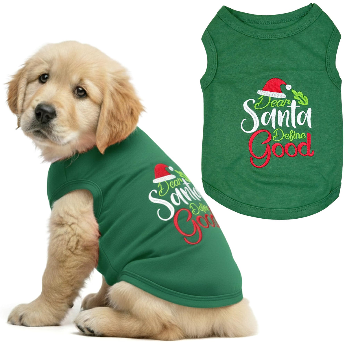 Parisian Pet Dear Santa Define Good dog shirt embroidery close-up for festive holiday wear