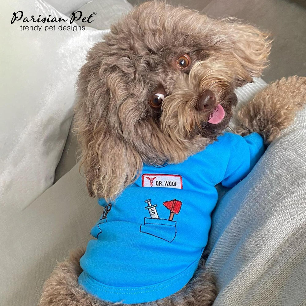 Parisian Pet Doctor Woof Shirt worn at a party adds festive charm.