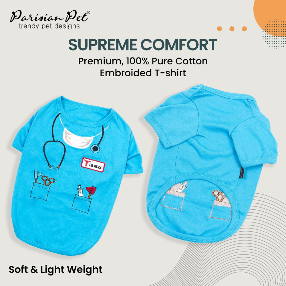 Parisian Pet Doctor Woof Shirt embroidered stethoscope detail adds charm for costumes.