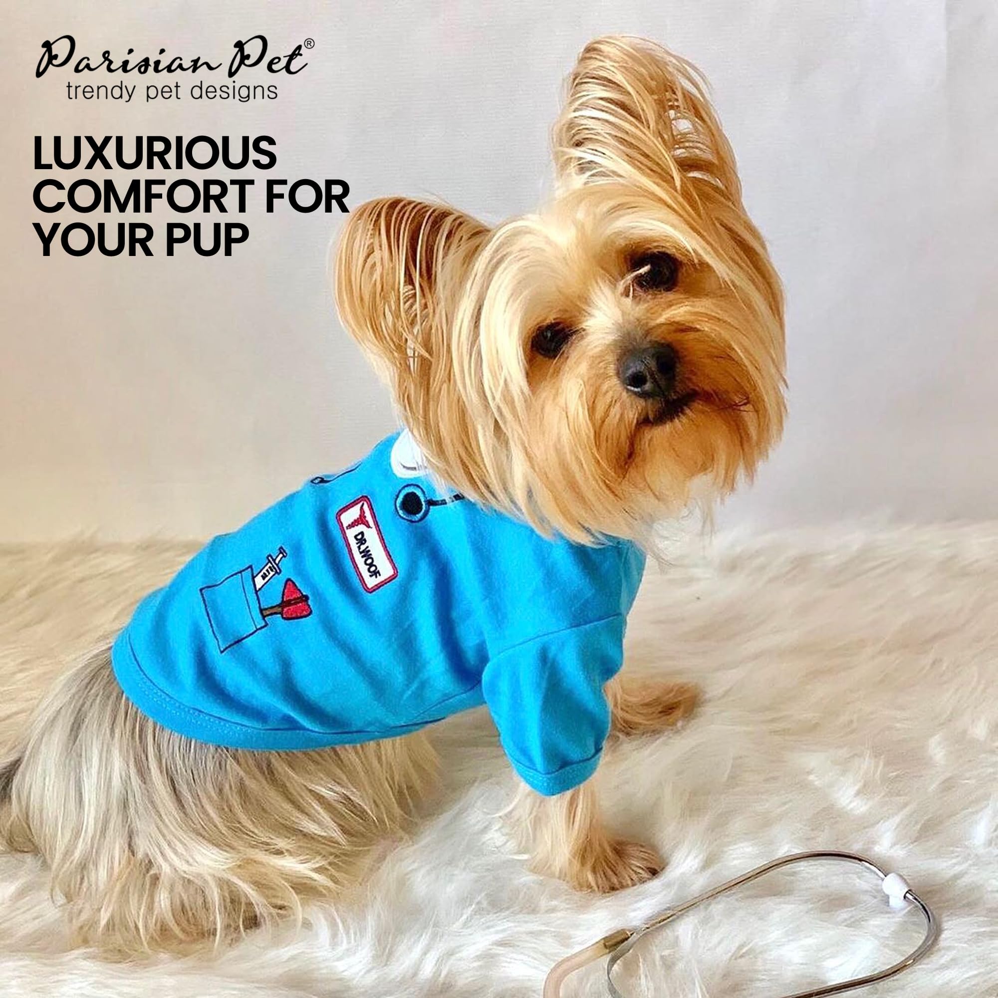 Parisian Pet Doctor Woof Shirt XL fit for large dogs during costumes.