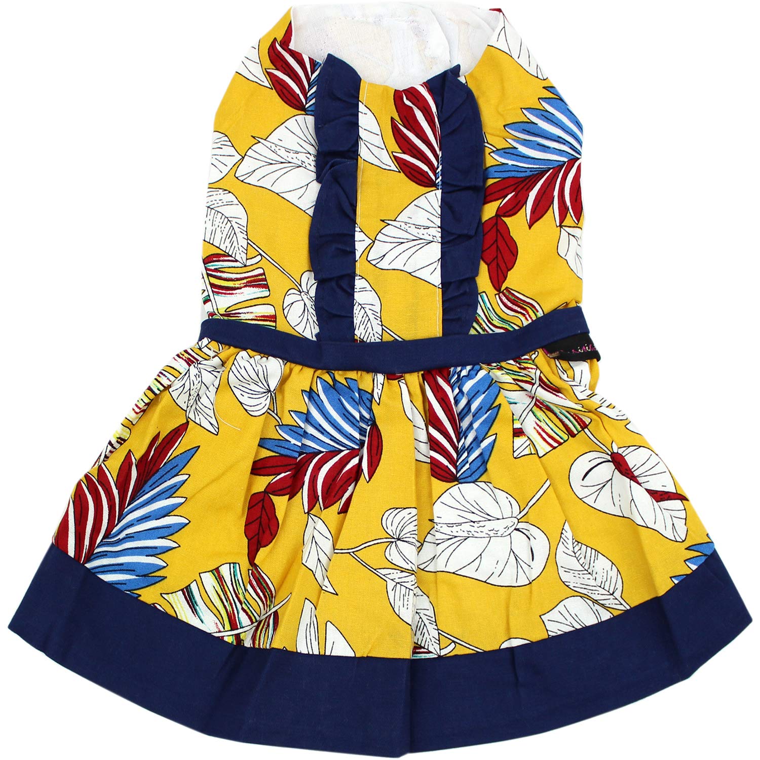 Parisian Pet dog dress tribal leaves front view, tropical style for summer outings.