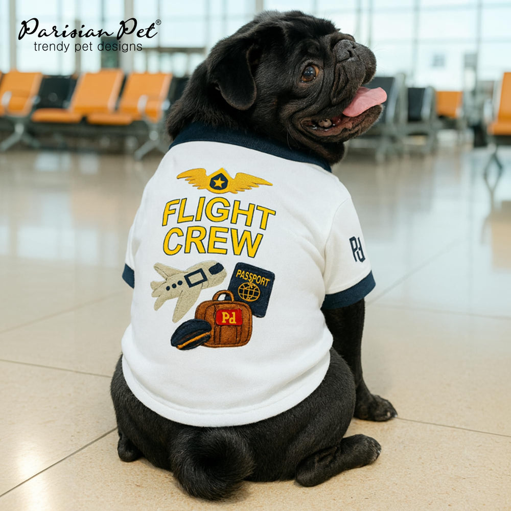 Parisian Pet Dog Flight Crew Shirt fabric closeup highlights cotton-poly blend and soft touch