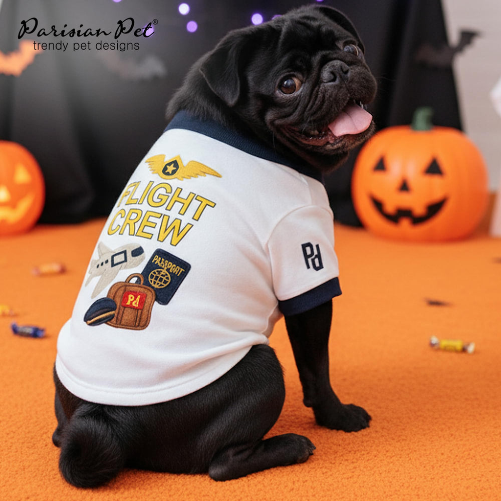 Parisian Pet Dog Flight Crew Shirt tag and size view helps with accurate fitting