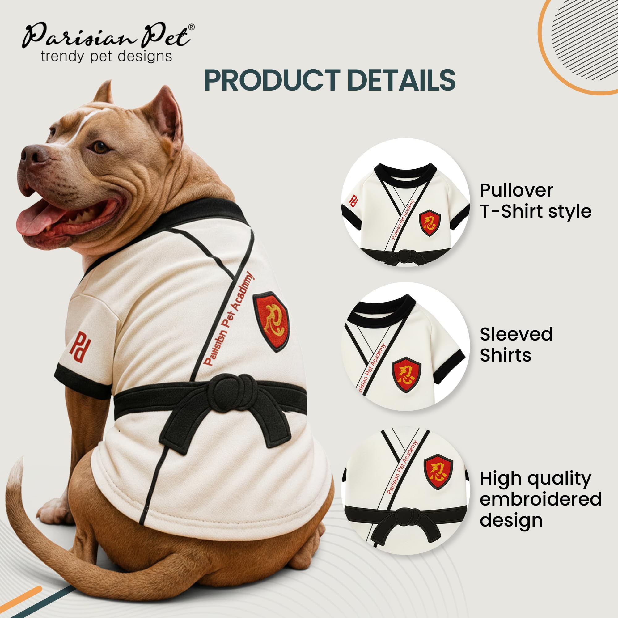 Parisian Pet dog karate academy shirt lightweight fabric offers comfortable wear during active play.