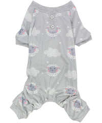Parisian Pet dog pajamas gray cloud design for cozy lounging and night sleep.