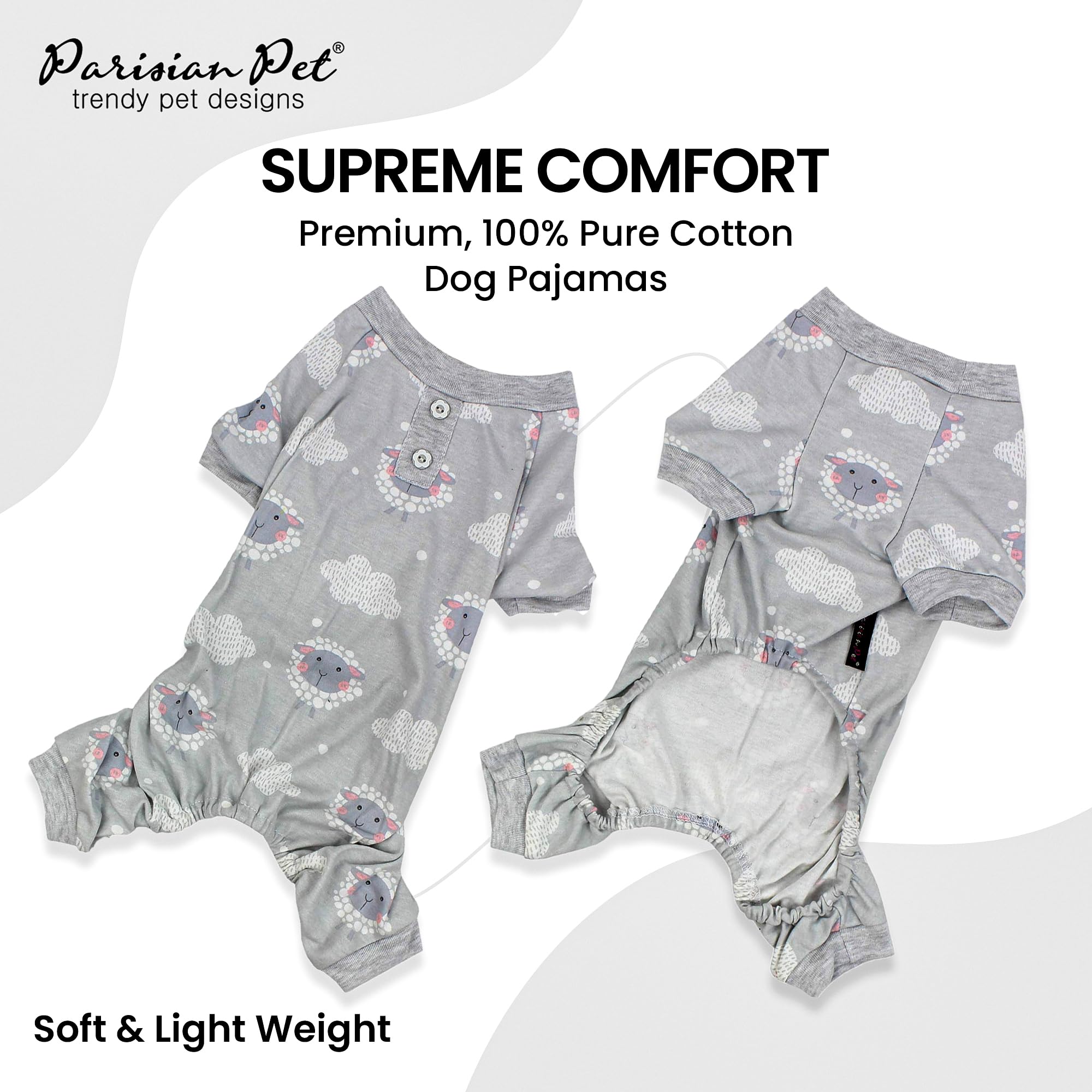 Parisian Pet grey cloud dog pjs highlighting stretchable comfort for flexible movement.