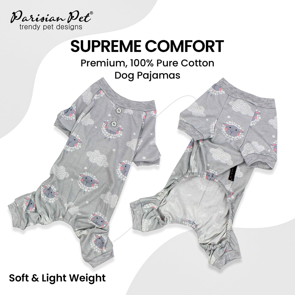 Parisian Pet grey cloud dog pjs highlighting stretchable comfort for flexible movement.