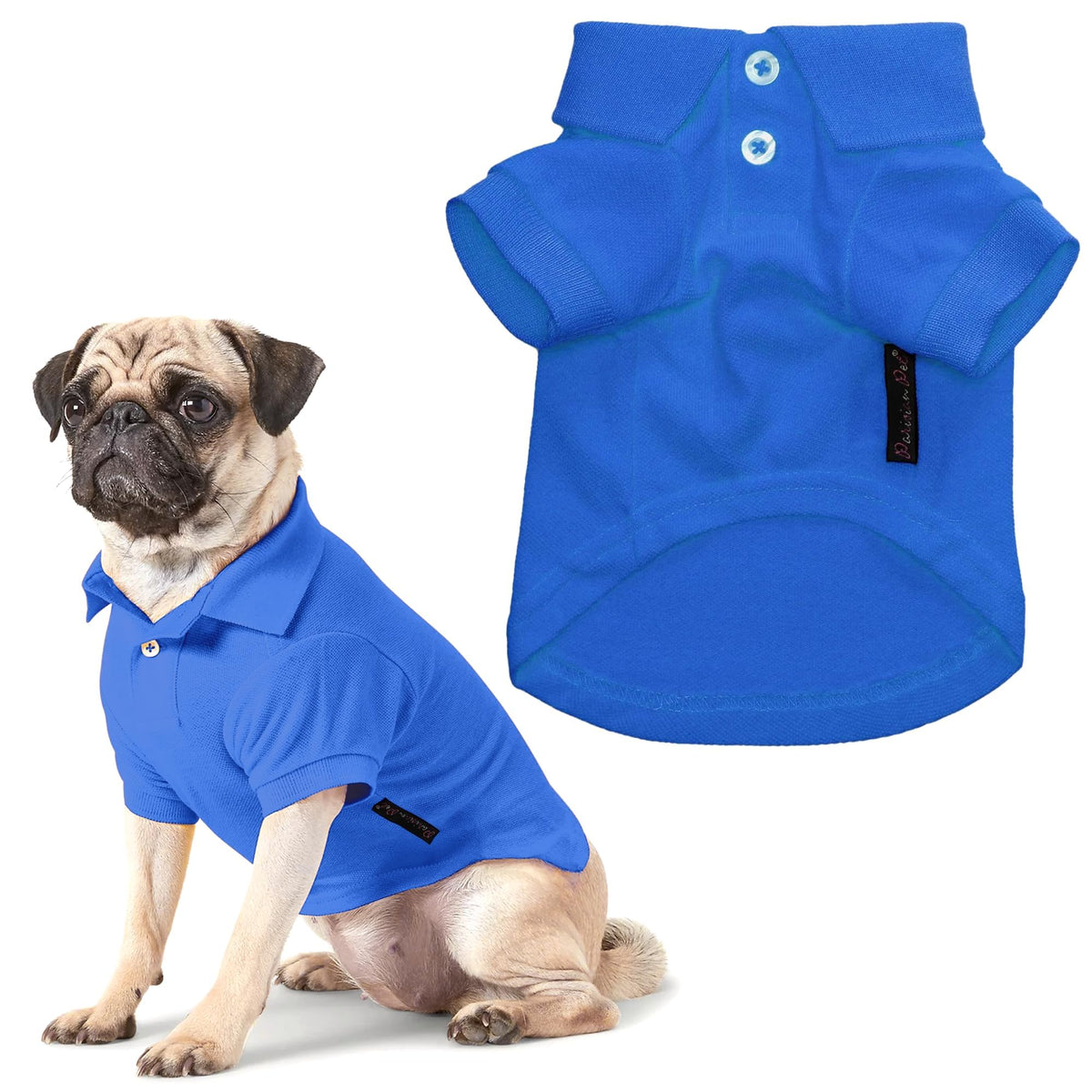 Parisian Pet dog polo solid blue front view, breathable cotton for cooling walks