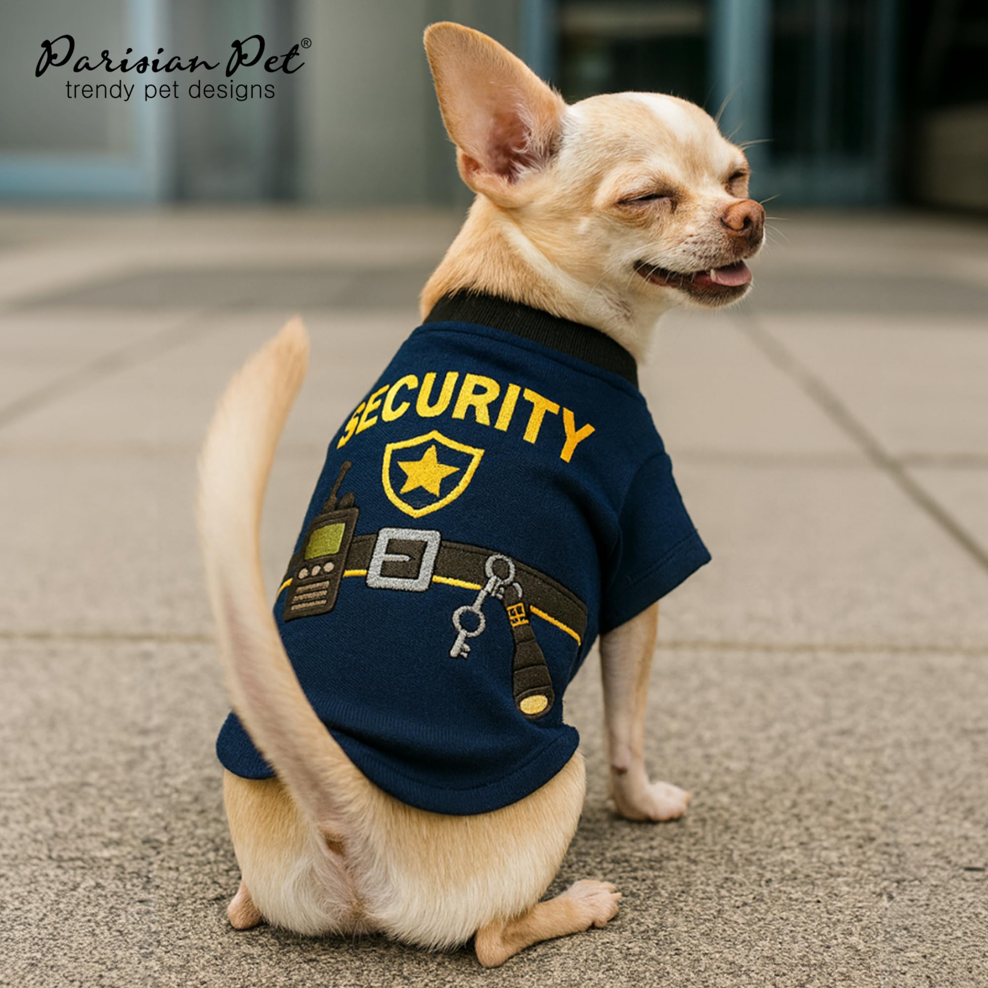 Parisian Pet Woofficer Shirt size chart guidance helps fit.