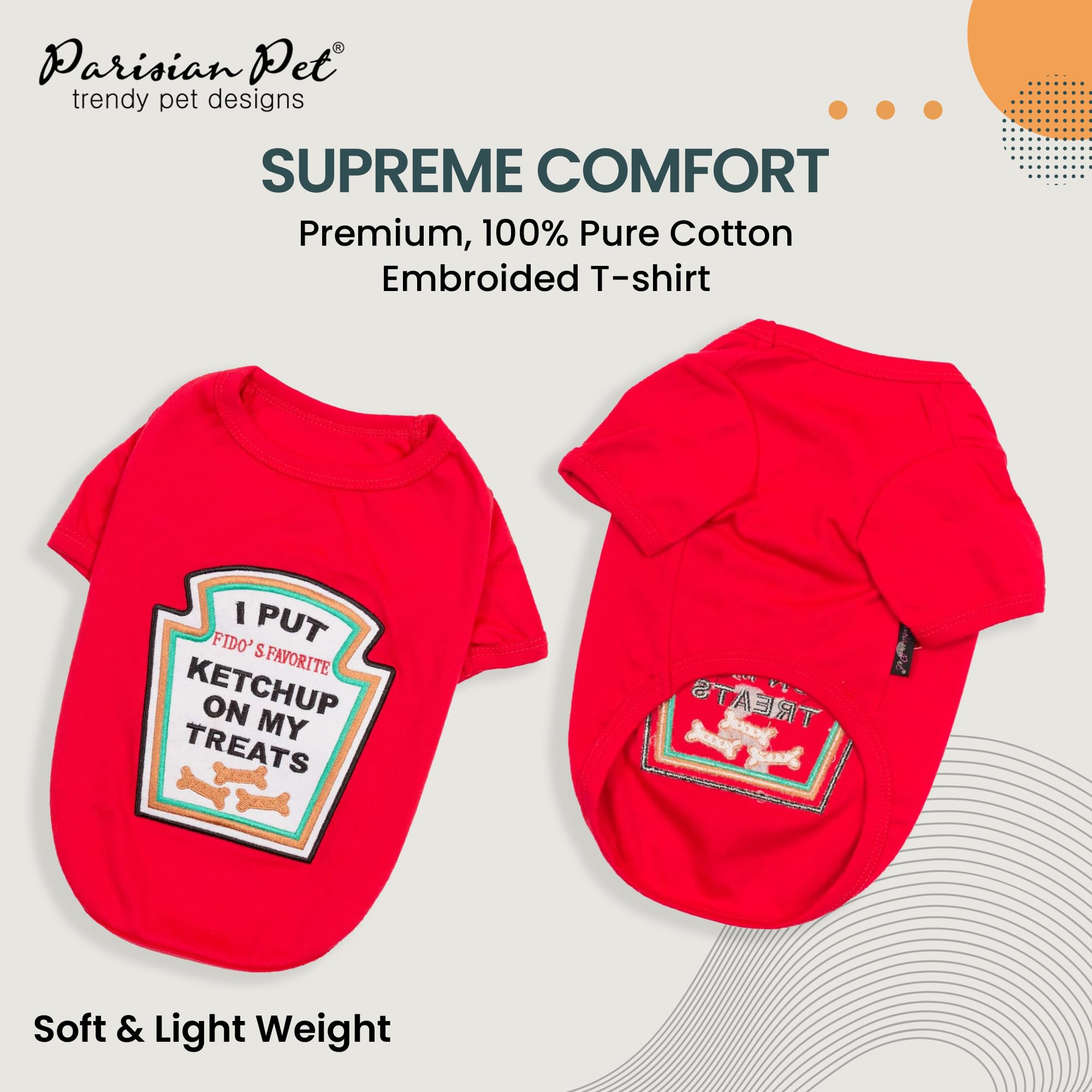 Parisian Pet embroidered lettering close-up on cotton-poly shirt highlighting durability.