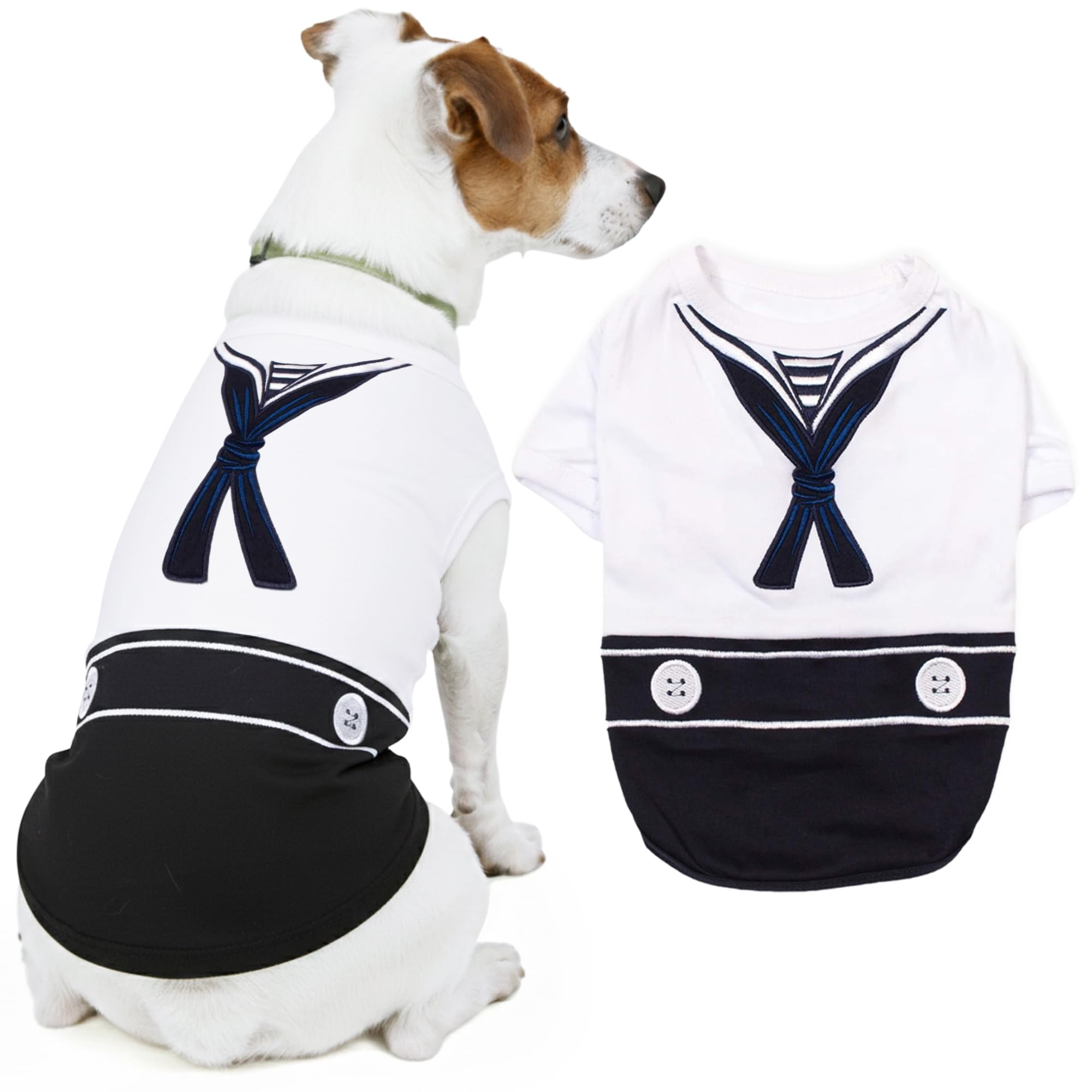Parisian Pet embroidered sailor detail on dog shirt adds chic costume flair