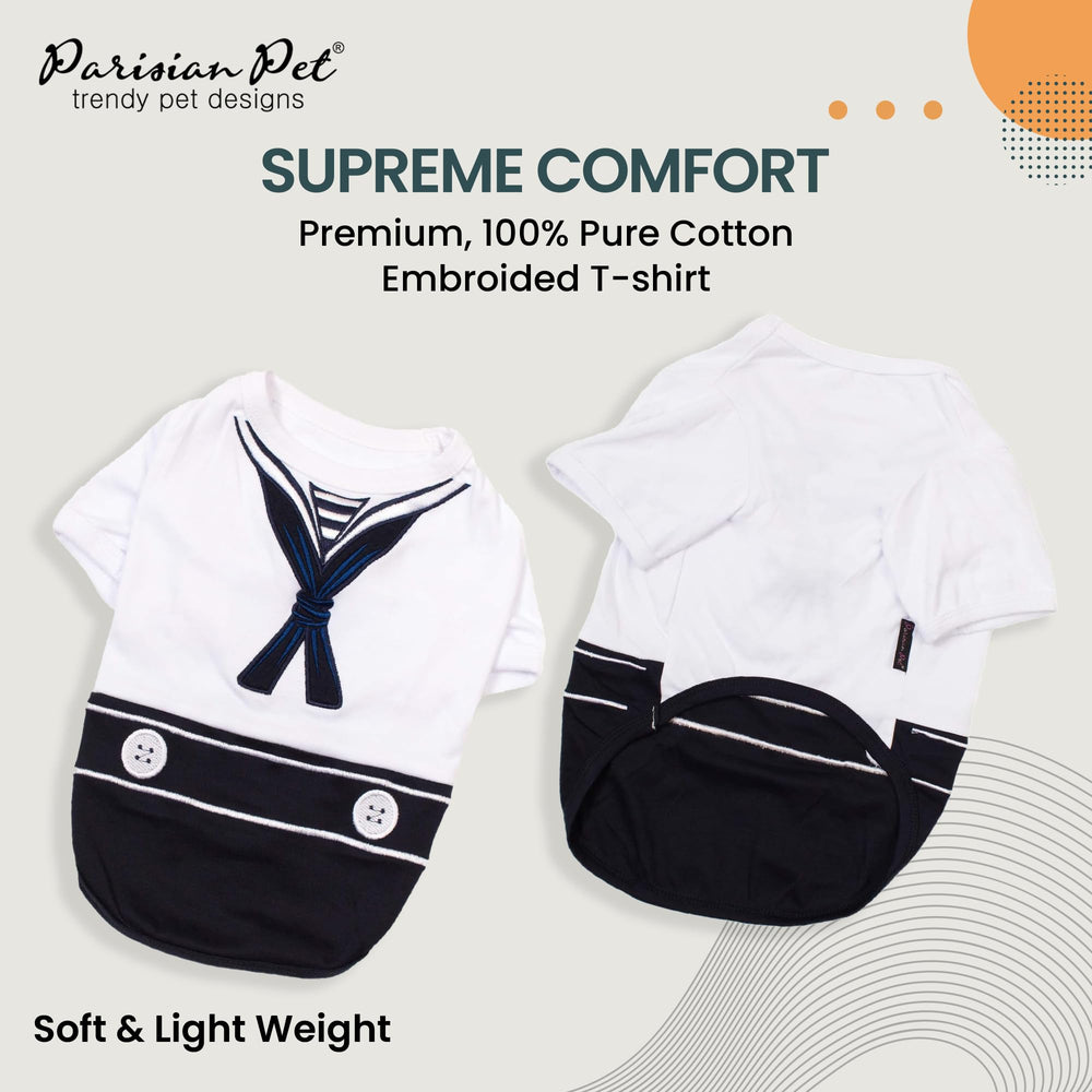 Parisian Pet Sailor front view shows classic blue and white look for outings