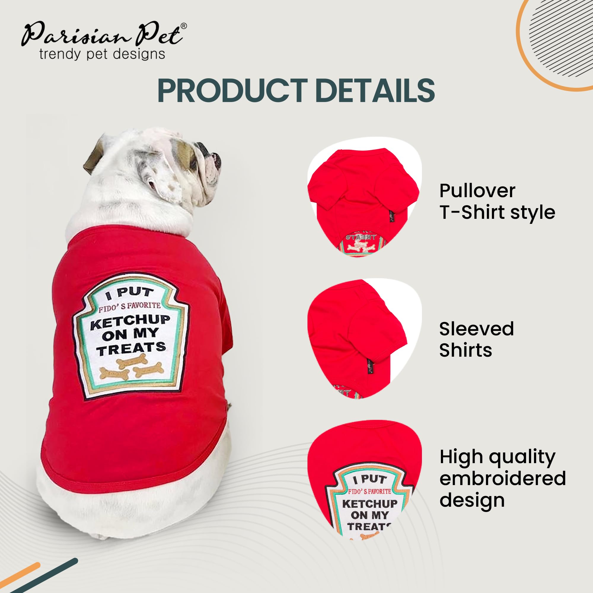 Parisian Pet sleeved red dog shirt on small dog showing comfortable fit.