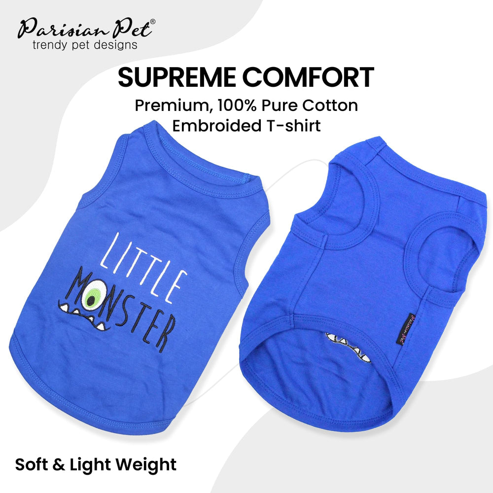 Parisian Pet blue sleeveless tshirt close-up shows breathable cotton for heat relief.