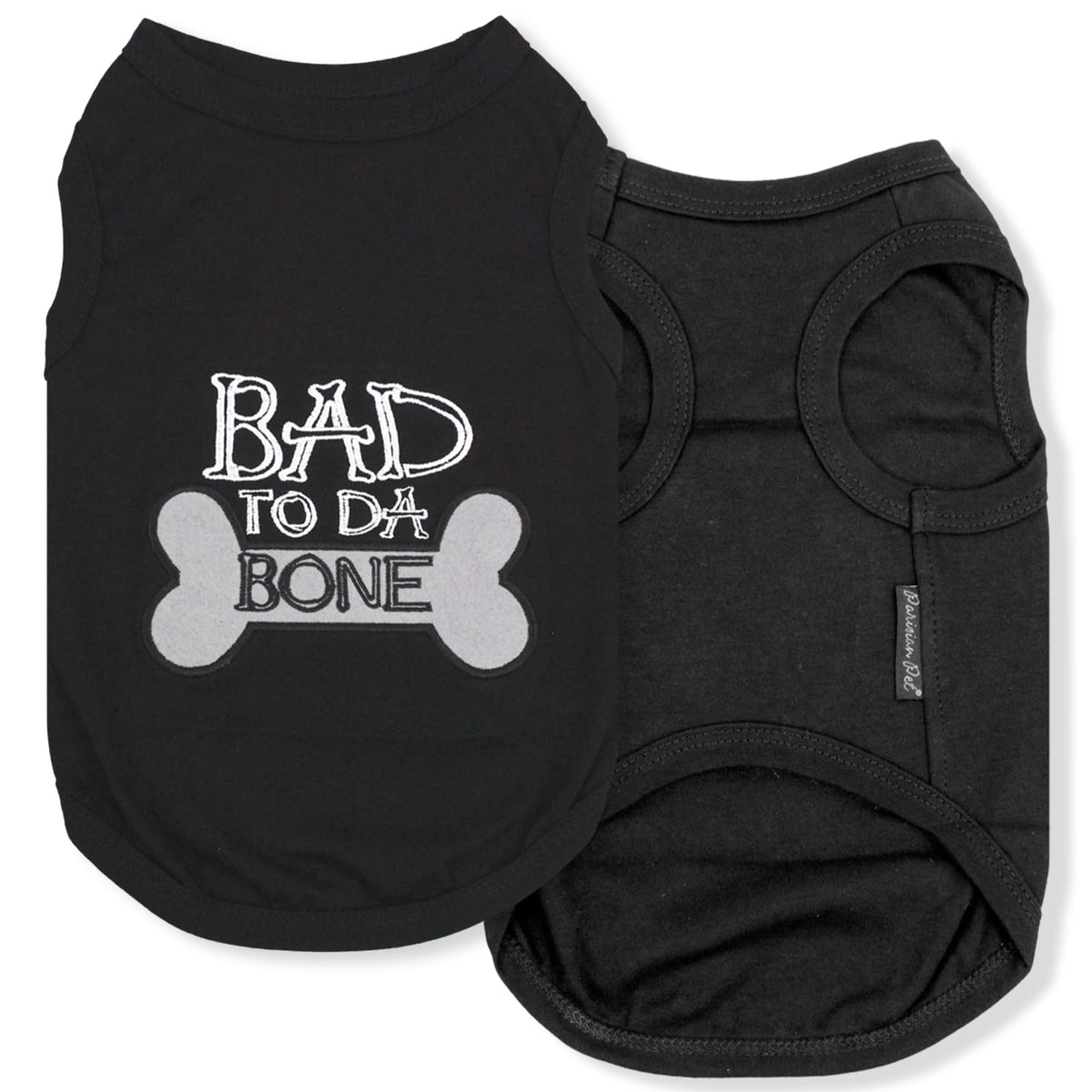 Parisian Pet Dog T-Shirt front view with Bad to Da Bone embroidery for chic everyday wear.