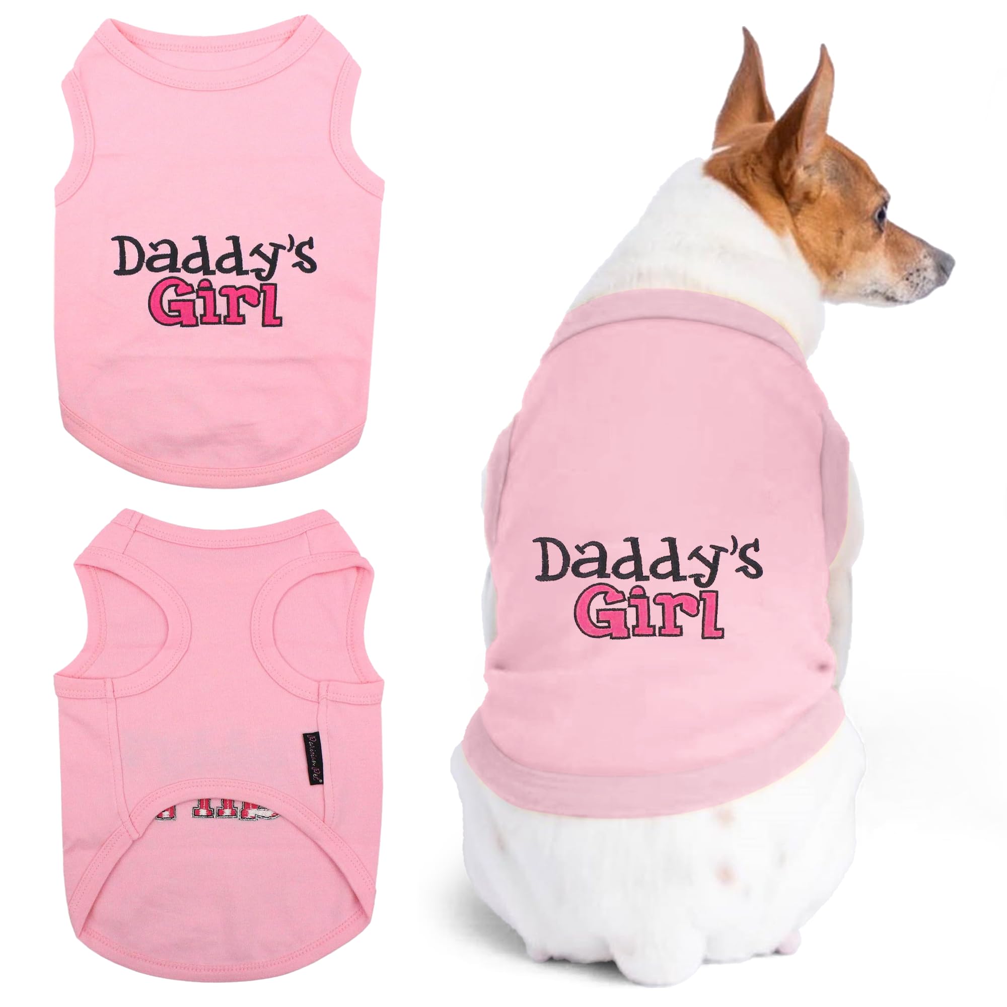 Parisian Pet dog t-shirt with embroidered Daddy's Girl; breathable cotton for daily wear.