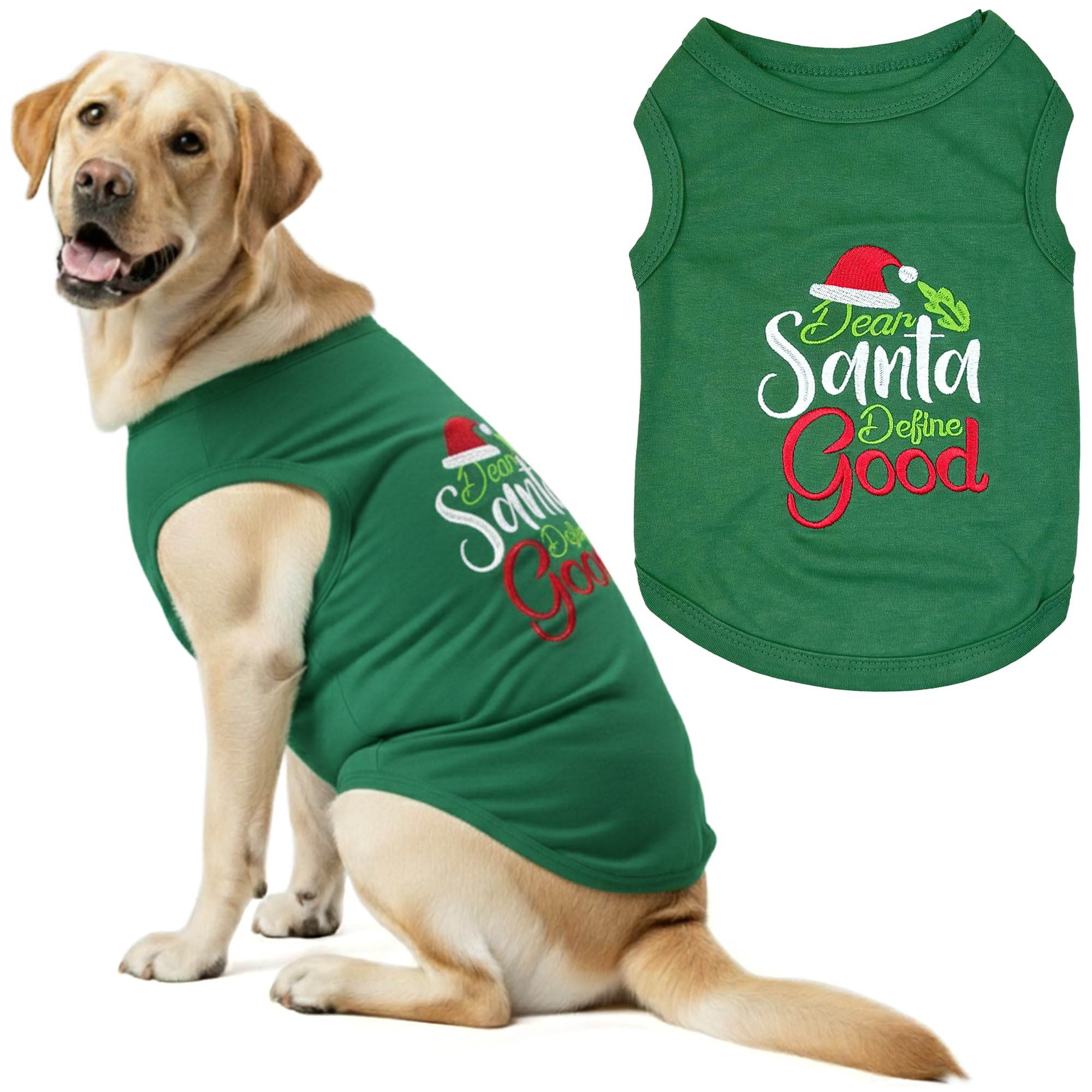 Parisian Pet dog tshirt shows embroidered Dear Santa Define Good on the front for festive photos.