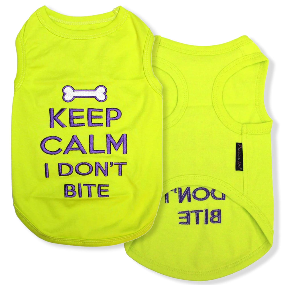 Parisian Pet dog tshirt Keep Calm embroidery closeup for relaxed outings.